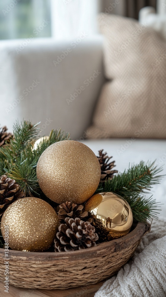 Festive Holiday Arrangement With Golden Ornaments and Pinecones on a Cozy Table