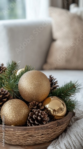 Obraz na płótnie Festive Holiday Arrangement With Golden Ornaments and Pinecones on a Cozy Table w salonie