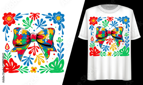 Autism Puzzle Bow, Colorful Floral Ribbon Support, T-Shirt Design.