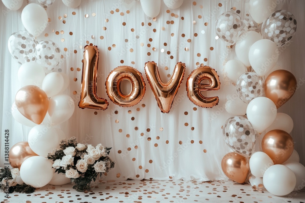Decorated Wall With Love Balloons and Floral Arrangement for a Joyful Celebration