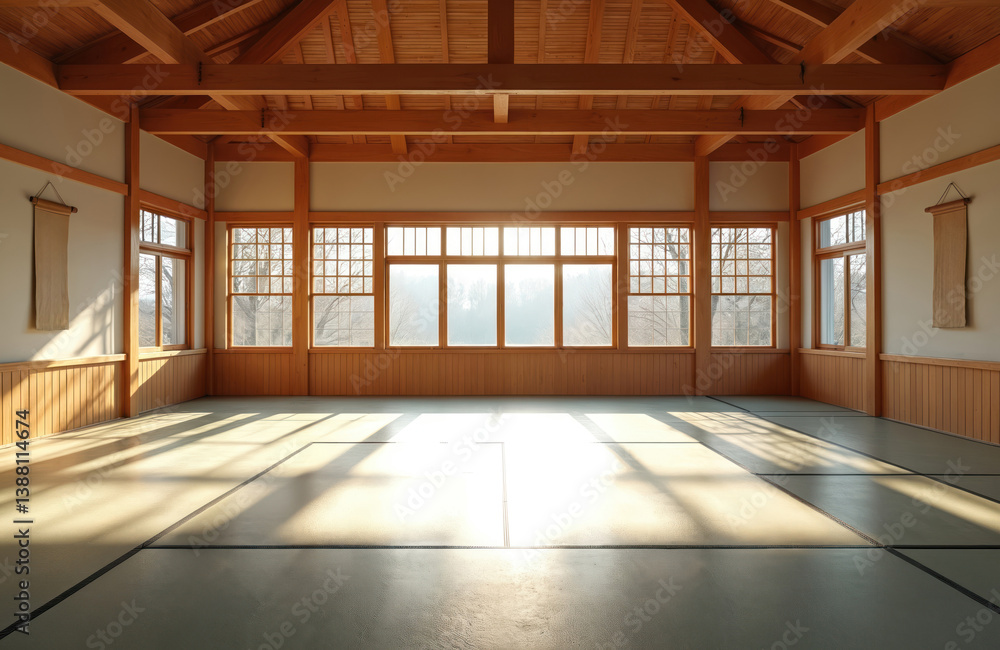 Empty dojo with wooden construction, tatami mats. Sunlight through windows. Martial arts training studio, space for judo, karate, taekwondo, aikido. Place for meditation, self-improvement. Dojo for Empty dojo with wooden construction, tatami mats. Sunlight through windows. Martial arts training studio, space for judo, karate, taekwondo, aikido. Place for meditation, self-improvement. Dojo for