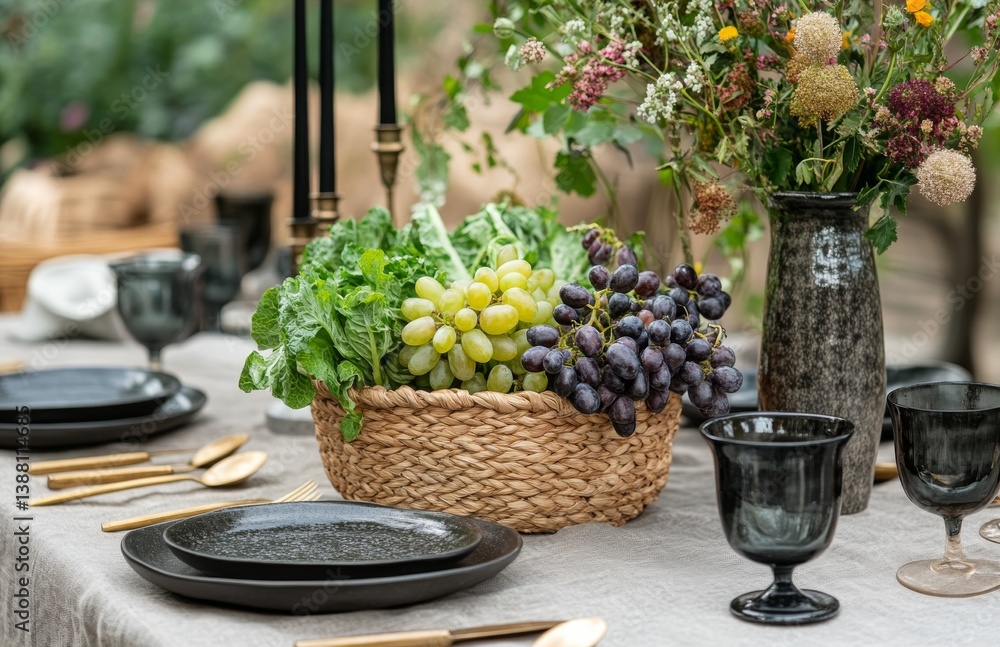 Fresh Produce Arrangement in a Rustic Basket on an Outdoor Dining Table