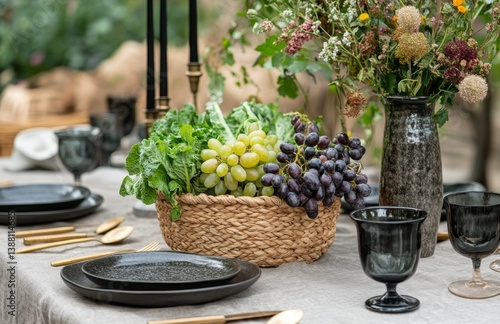 Obraz na płótnie Fresh Produce Arrangement in a Rustic Basket on an Outdoor Dining Table w salonie