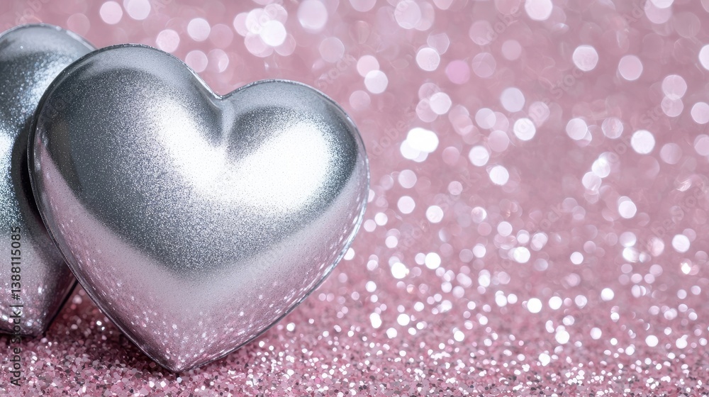 Obraz premium Two metallic silver hearts on a pink glitter background. A romantic, lovey image