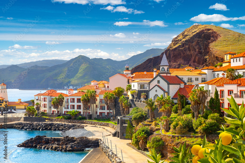 Panoramic view of the small village of Canical, near Ponta de Sao Lourenco. Madeira Island, Portugal