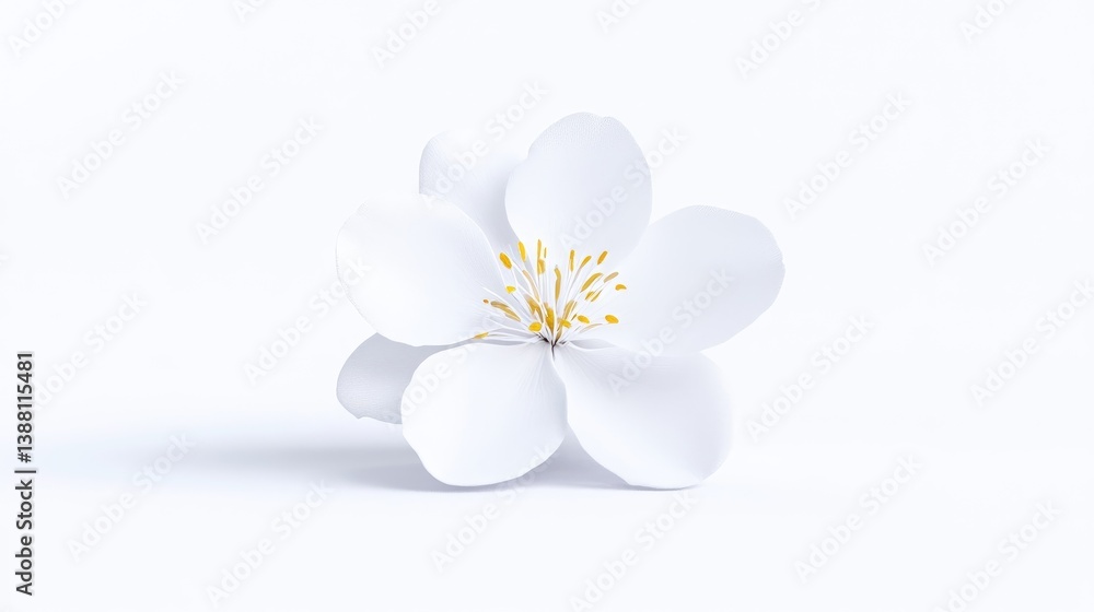 Obraz premium A single, pristine white flower with a yellow center is depicted. Its the sole focus against a plain white background. The image is clean and sharply focused. Its style is minimalist and elegant. Th