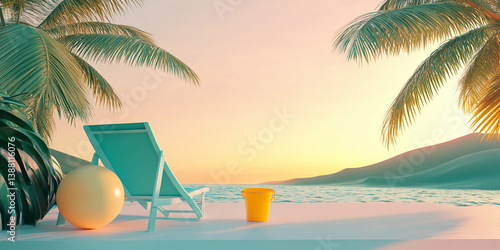 Fototapeta Naklejka Na Ścianę i Meble -  Tropical beach scene at sunset, featuring a turquoise deck chair, yellow bucket, and beach ball, framed by palm trees, showcasing a tranquil summer vacation concept