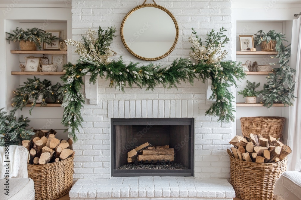 Holiday Decorations Enhance a Cozy Living Room With a Fireplace and Festive Greenery in Winter