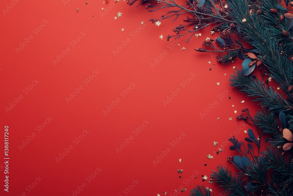 Decorative Leaves and Seeds on a Vibrant Red Background in Autumn Season