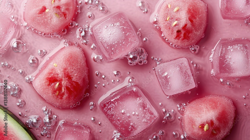 Refreshing Watermelon Ice Cubes Floating in Bubbles on a Vibrant Pink Background