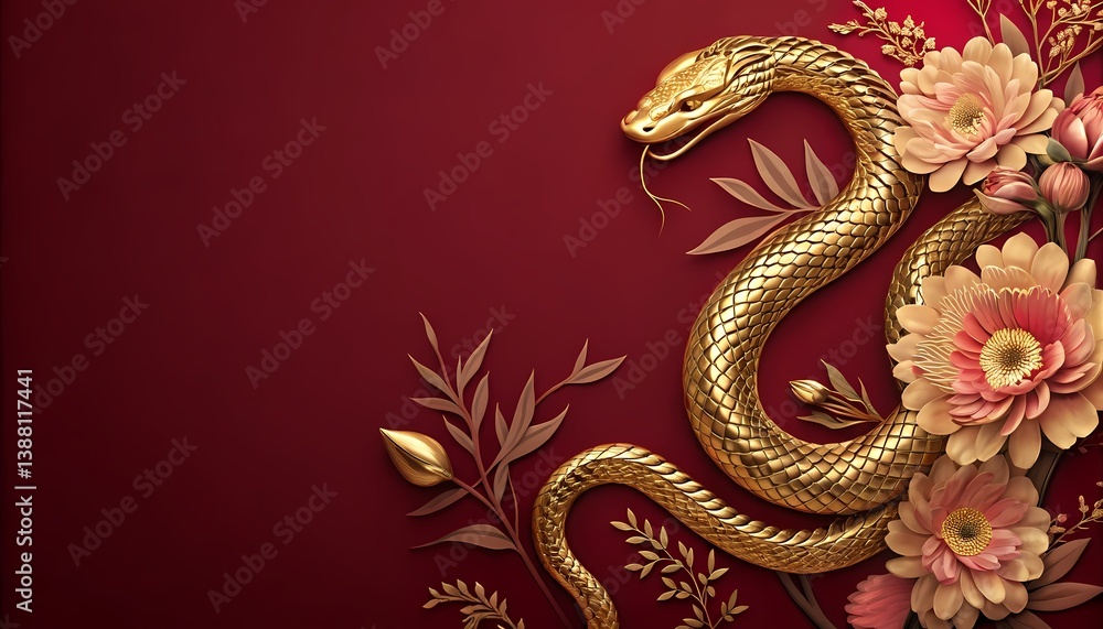 Obraz premium Elegant Golden Snake with Delicate Floral Arrangements on a Rich Red Background