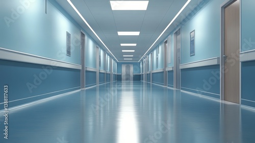 Obraz na płótnie Clean Hospital Corridor With Blue Walls and Bright Lighting During the Day w salonie
