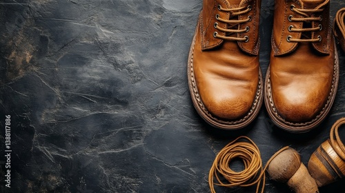 Obraz na płótnie Footwear and Tools Laid on Textured Work Surface in a Creative Workspace w salonie