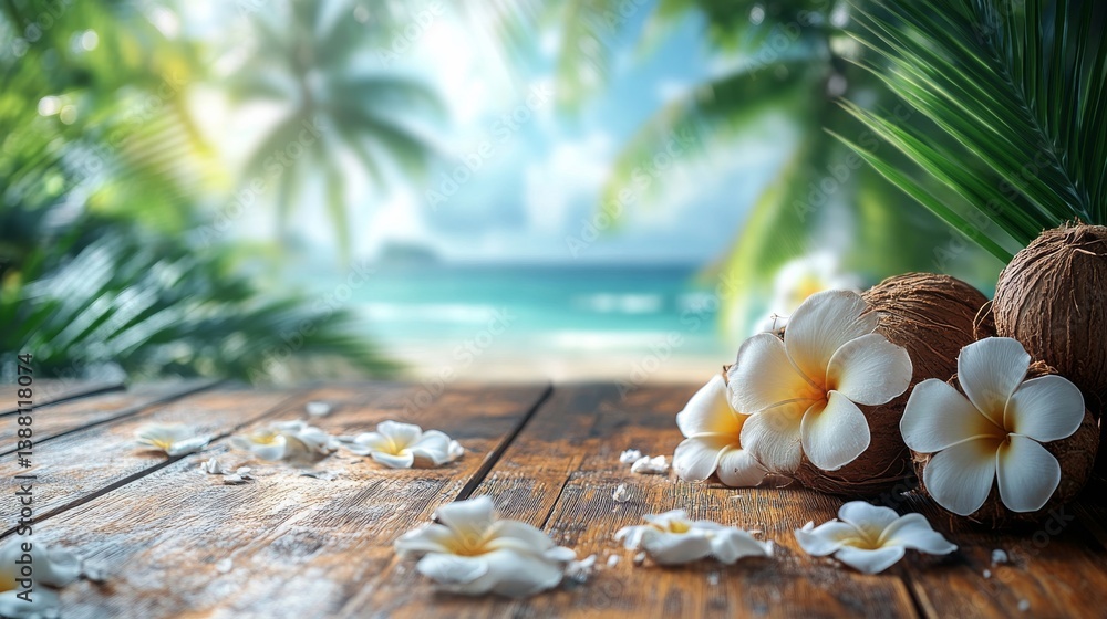 Coconuts and Tropical Flowers on Wooden Surface Near Beach in Sunny Paradise