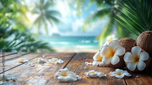Obraz na płótnie Coconuts and Tropical Flowers on Wooden Surface Near Beach in Sunny Paradise w salonie