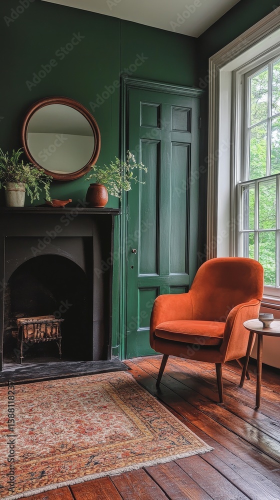 Cozy Interior With Vintage Armchair Near Fireplace in Elegant Green Room During Daytime