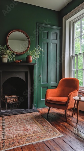 Obraz na płótnie Cozy Interior With Vintage Armchair Near Fireplace in Elegant Green Room During Daytime w salonie