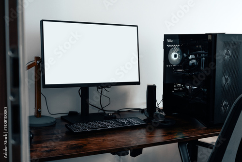 Modern home office with pc work station. Graphic designer's, photographer or video editor workspace equipped with a mouse, a computer and white screen for text with brown oak wooden desk.