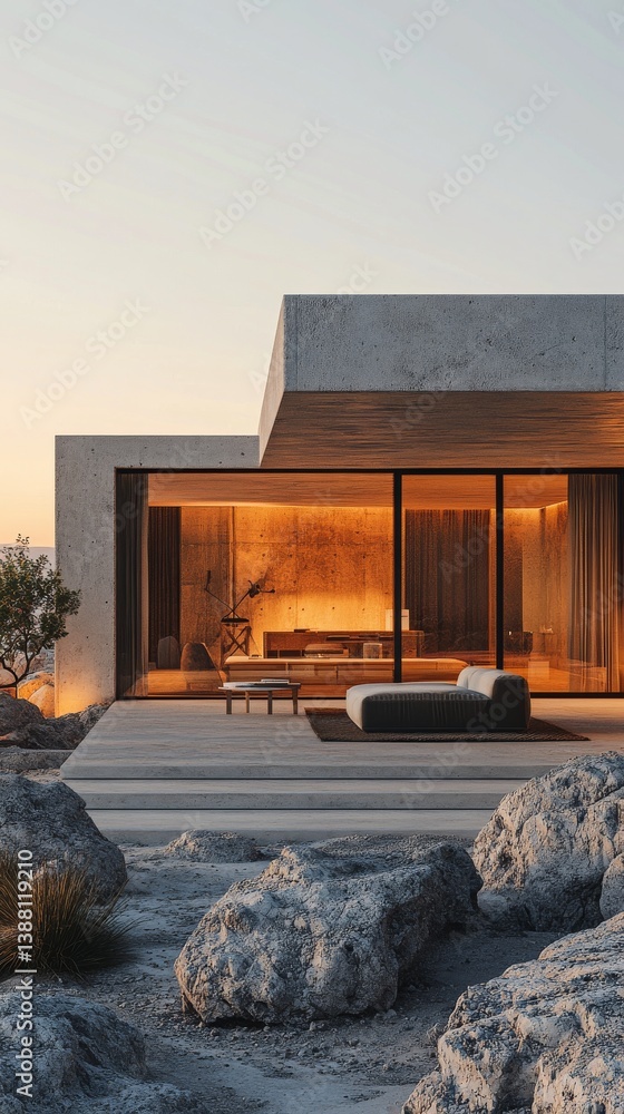 Modern Minimalist Home Blends With Natural Surroundings at Sunset Near Rocky Landscapes