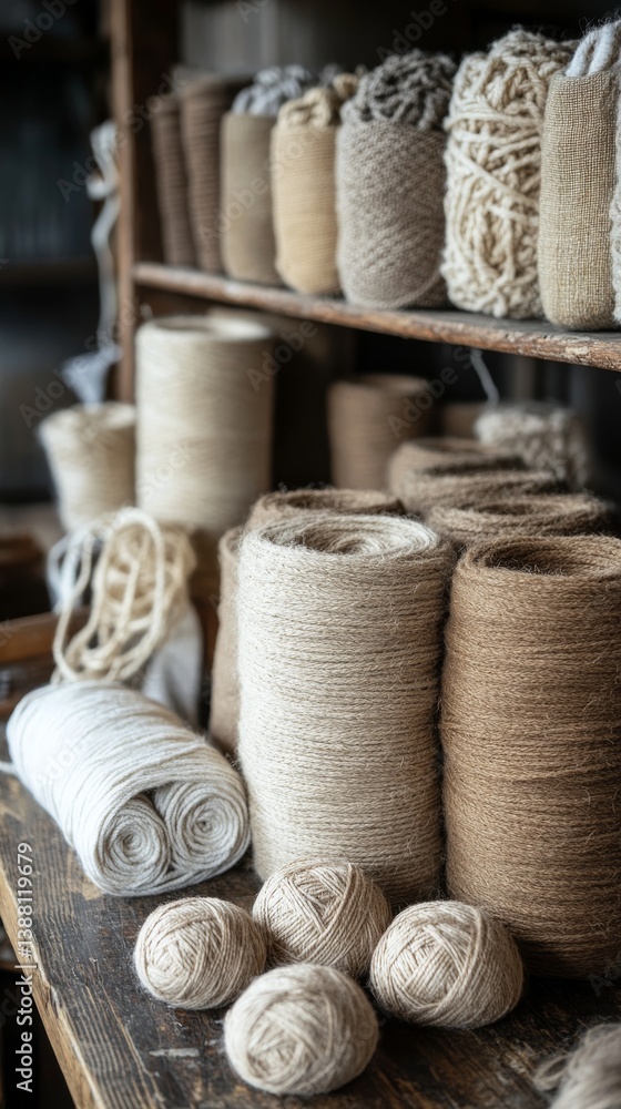 Natural Fibers Stacked Neatly on Wooden Shelf in Rustic Workshop