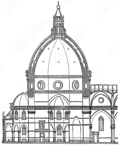 Cross-section of Florence Cathedral (Florence Duomo). Publication of the 