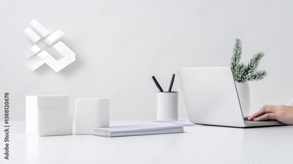 A clean white desk features a laptop, two boxes, and a pen holder. A small plant sits nearby. The image is crisp and brightly lit, conveying a minimalist aesthetic. The color palette is monochromati A clean white desk features a laptop, two boxes, and a pen holder. A small plant sits nearby. The image is crisp and brightly lit, conveying a minimalist aesthetic. The color palette is monochromati