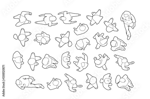 Architectural Drawings, people plan vector in park out door illustration, top view, Minimal style hand drawn, set elements for architecture and landscape design. Sections, Elevations, Floor Plans.