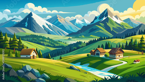 Idyllic landscape in the Alps with green meadows and mountain tops