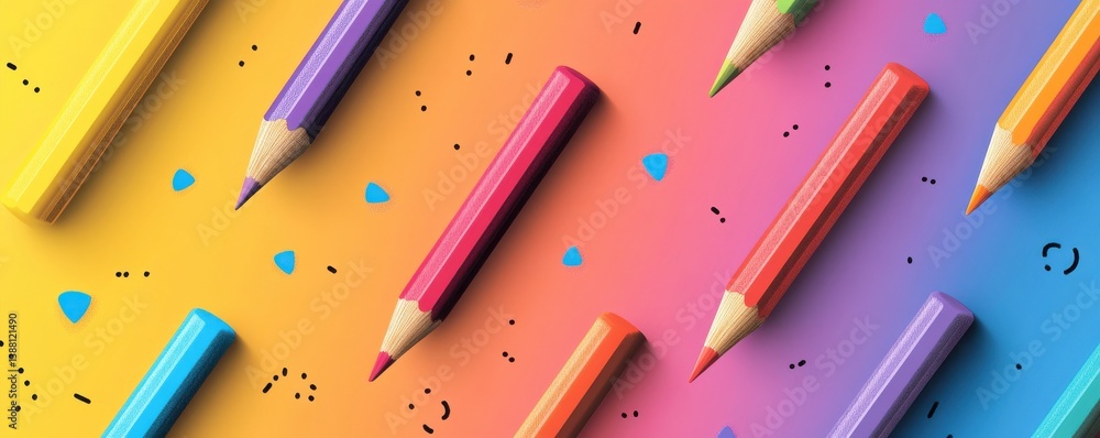 Colorful pencils on a vibrant gradient background in a seamless pattern Colorful pencils on a vibrant gradient background in a seamless pattern
