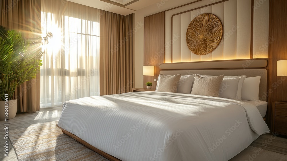 Bright and Modern Bedroom With Sunlight Streaming Through Curtains in Well-Designed Space