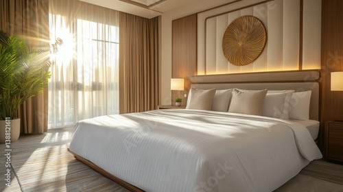 Obraz na płótnie Bright and Modern Bedroom With Sunlight Streaming Through Curtains in Well-Designed Space w salonie