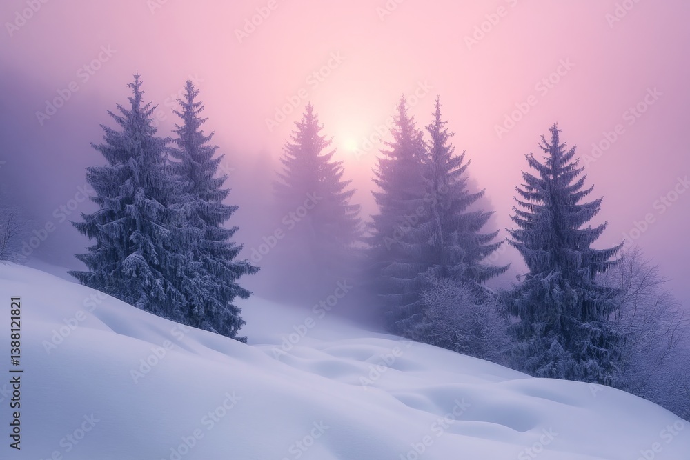 Fototapeta premium Winter Landscape With Snow-Covered Trees and Soft Pink Sunrise in a Foggy Mountain Area