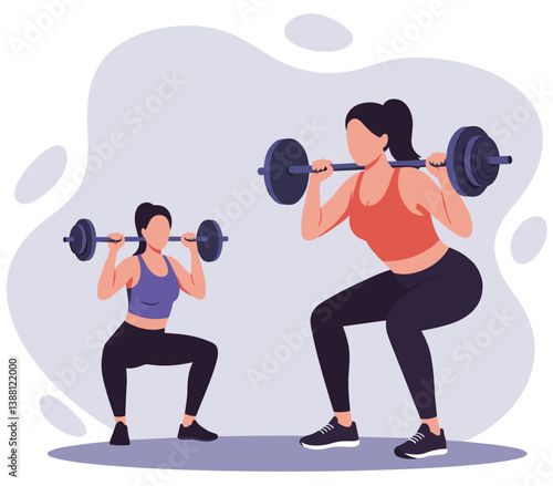 Two women lifting weight together. Minimalist flat design vector