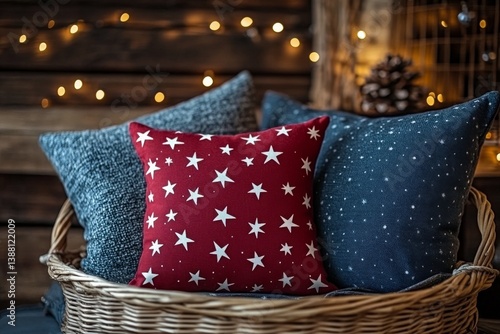 Cozy Decorative Pillows Arranged in a Basket With Fairy Lights and Wooden Backdrop