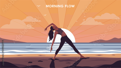 Woman doing yoga by the beach at sunrise. Morning flow illustration banner