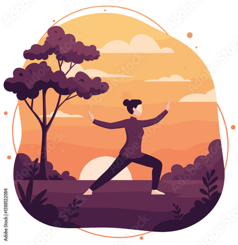 Woman doing tai chi in natural landscape at sunset. Minimalist flat design vector