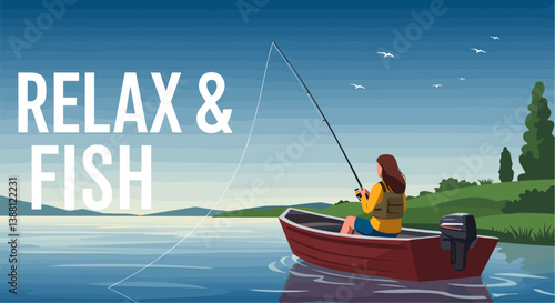 Woman relaxing and fishing by the lake. Colorful minimalist illustration banner
