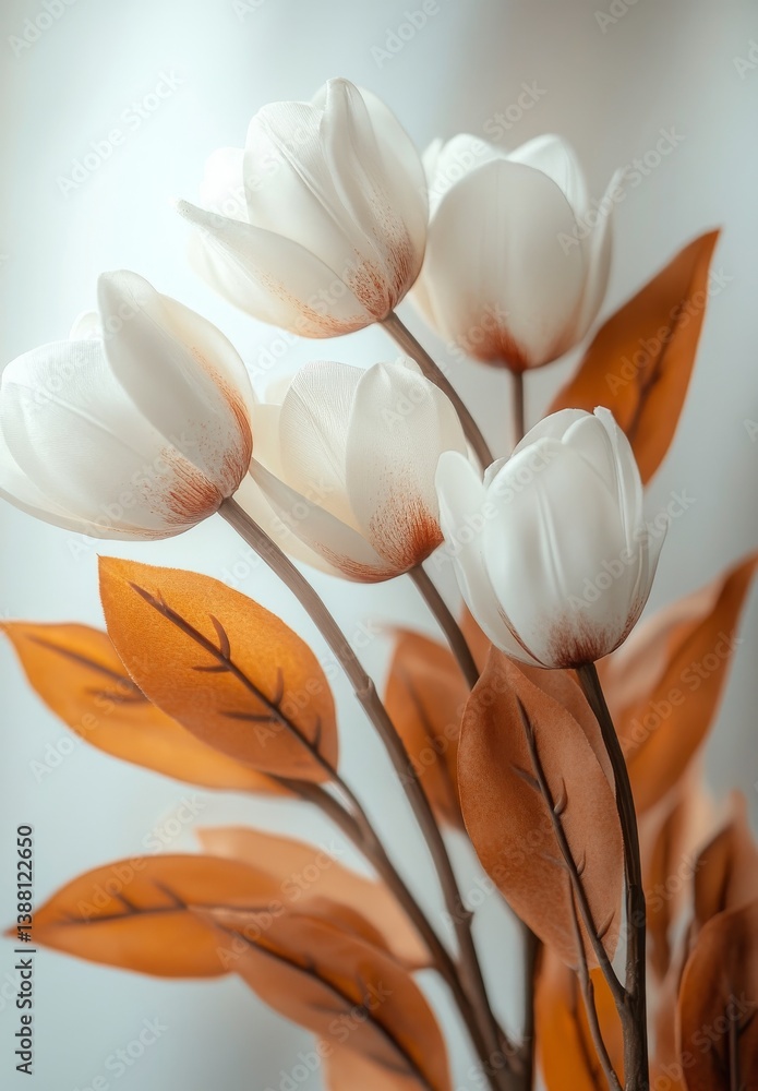 White Flowers With Brown Leaves Showcased in Soft Natural Light With a Blurred Background