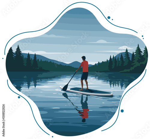 Man doing stand up paddle in the lake among the mountains. Colorful illustration