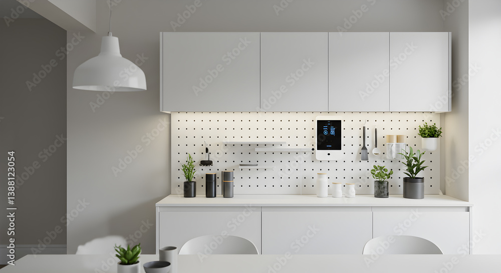 Modern Smart Kitchen Cabinet with Pegboard Backsplash and App Integration Modern Smart Kitchen Cabinet with Pegboard Backsplash and App Integration