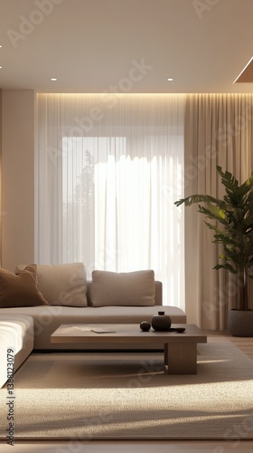 Cozy Minimalist Living Room With Natural Light and Greenery in a Serene Setting