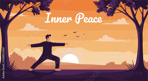 Man practicing tai chi in the forest by sunrise. Inner peace conceptual cartoon banner