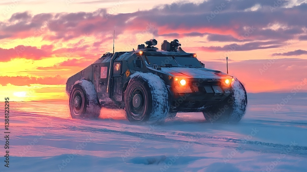 Armored military vehicle patrolling a snowy landscape at sunset, headlights cutting through the twilight, casting light on the icy terrain and revealing the beauty of the winter wilderness Armored military vehicle patrolling a snowy landscape at sunset, headlights cutting through the twilight, casting light on the icy terrain and revealing the beauty of the winter wilderness