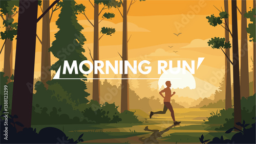 Morning run with person silhouette in the forest. Colorful illustration banner