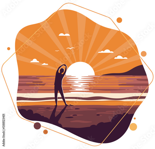 Silhouette of person stretching at sunrise by the beach. Mindfulness concept. Colorful flat design vector