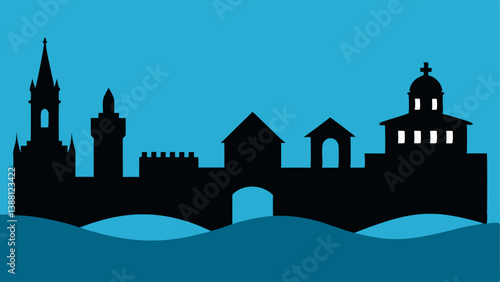 Flooded Landmarks Simple silhouettes of landmarks halfsubmerged in water indicating the impact of flooding due to rising sea levels.