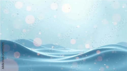 blue background Smooth, light blue flowing waves or curves on a soft gradient background. Add small bright light particles or bokeh effects scattered throughout the image. Use a light beige and white 