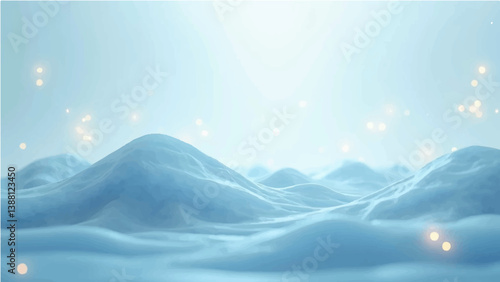 blue background Smooth, light blue flowing waves or curves on a soft gradient background. Add small bright light particles or bokeh effects scattered throughout the image. Use a light beige and white 