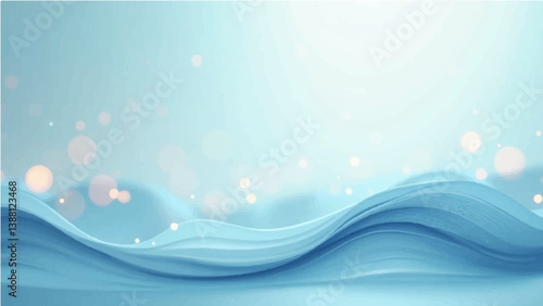 blue background Smooth, light blue flowing waves or curves on a soft gradient background. Add small bright light particles or bokeh effects scattered throughout the image. Use a light beige and white 