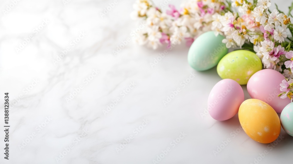 Pastel Easter eggs rest near spring blossoms on a marble surface. The image features a soft, bright aesthetic. The photo is high-quality with excellent lighting. Colors are gentle and evoke a feeli Pastel Easter eggs rest near spring blossoms on a marble surface. The image features a soft, bright aesthetic. The photo is high-quality with excellent lighting. Colors are gentle and evoke a feeli